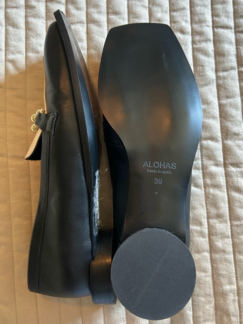 Alohas Two-Tone Black & White Leather Loafers with Gold Hardware - Picture 7 of 11
